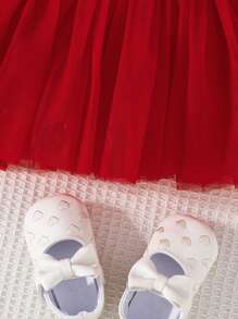 Baby Heart Print Two Tone Mesh Hem Dress - Red and White - View 6