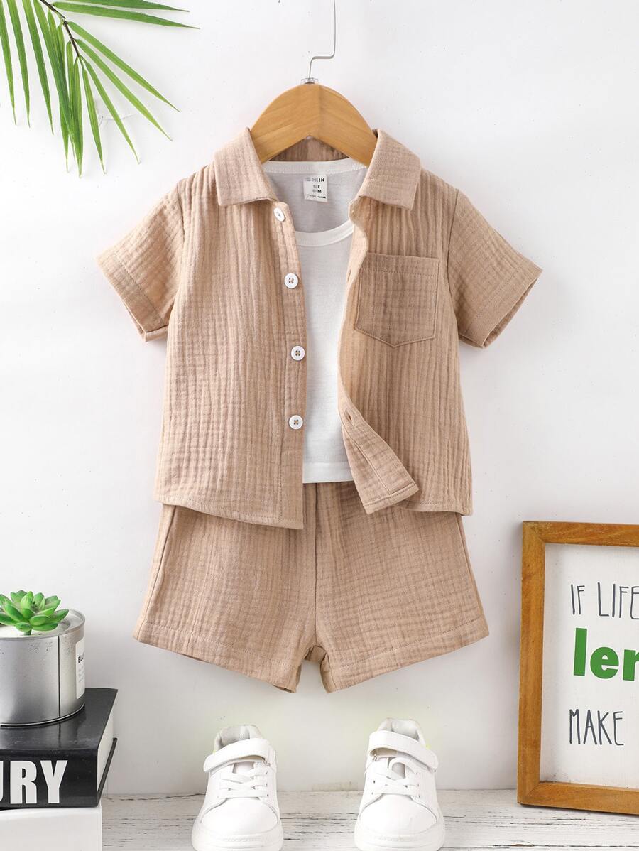 SHEIN Đứa bé trai Đã vá Túi Áo sơ mi & Quần short Với Áo ba lỗ - Nhiều màu - Xem 1