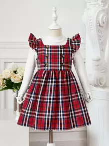 SHEIN Toddler Girls Tartan Print Ruffle Trim Dress & Tee