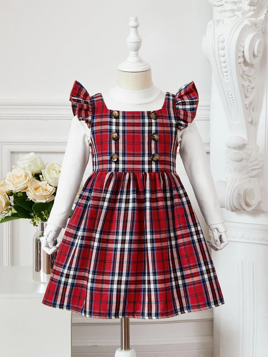 SHEIN Toddler Girls Tartan Print Ruffle Trim Dress & Tee