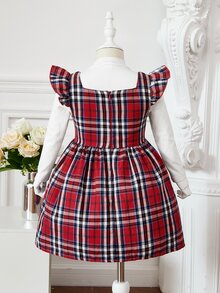 SHEIN Toddler Girls Tartan Print Ruffle Trim Dress & Tee