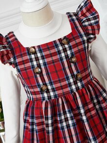 SHEIN Toddler Girls Tartan Print Ruffle Trim Dress & Tee