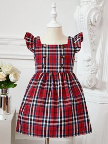 SHEIN Toddler Girls Tartan Print Ruffle Trim Dress & Tee