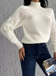 SHEIN Cottnline Mock Neck Pointelle Knit Raglan Sleeve Jumper - Beige - View 3