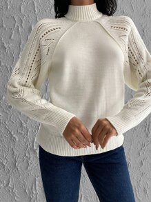 SHEIN Cottnline Mock Neck Pointelle Knit Raglan Sleeve Jumper - Beige - View 4