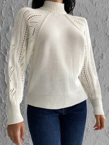 SHEIN Cottnline Mock Neck Pointelle Knit Raglan Sleeve Jumper - Beige - View 5