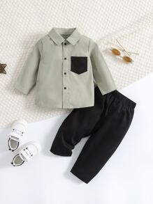 男嬰撞色補丁貼口袋襯衫和褲子 - 彩色 - 查看 1