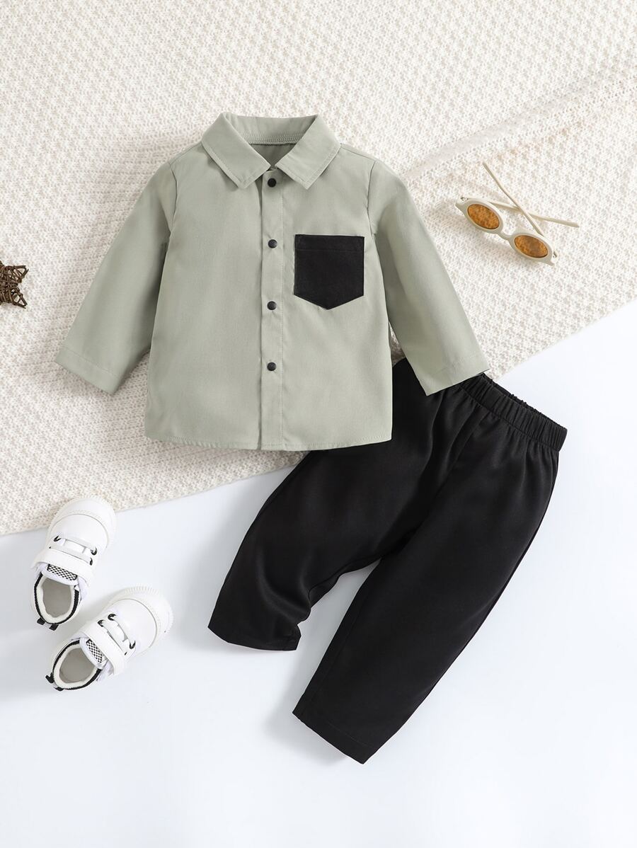 男嬰撞色補丁貼口袋襯衫和褲子 - 彩色 - 查看 1