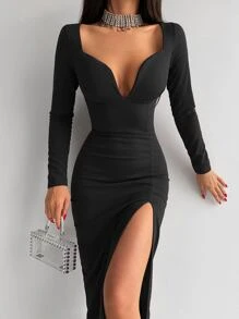 EURMUSE Sweetheart Neck Split Thigh Dress - Black - View 1