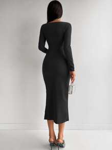 EURMUSE Sweetheart Neck Split Thigh Dress - Black - View 2