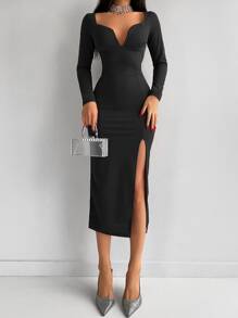 EURMUSE Sweetheart Neck Split Thigh Dress - Black - View 4