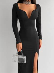 EURMUSE Sweetheart Neck Split Thigh Dress - Black - View 5