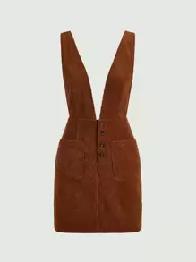 SHEIN MOD Button Front Corduroy Pinafore Dress - Coffee Brown - View 1