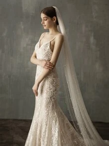 Faux Pearl Decor Bridal Veil Fall Clothes For Women - White - View 5