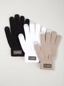 3雙入組經典皮革貼片冬季針織手套,男士用帶有保暖氈布彈性觸屏手套 - 彩色 - 查看 1