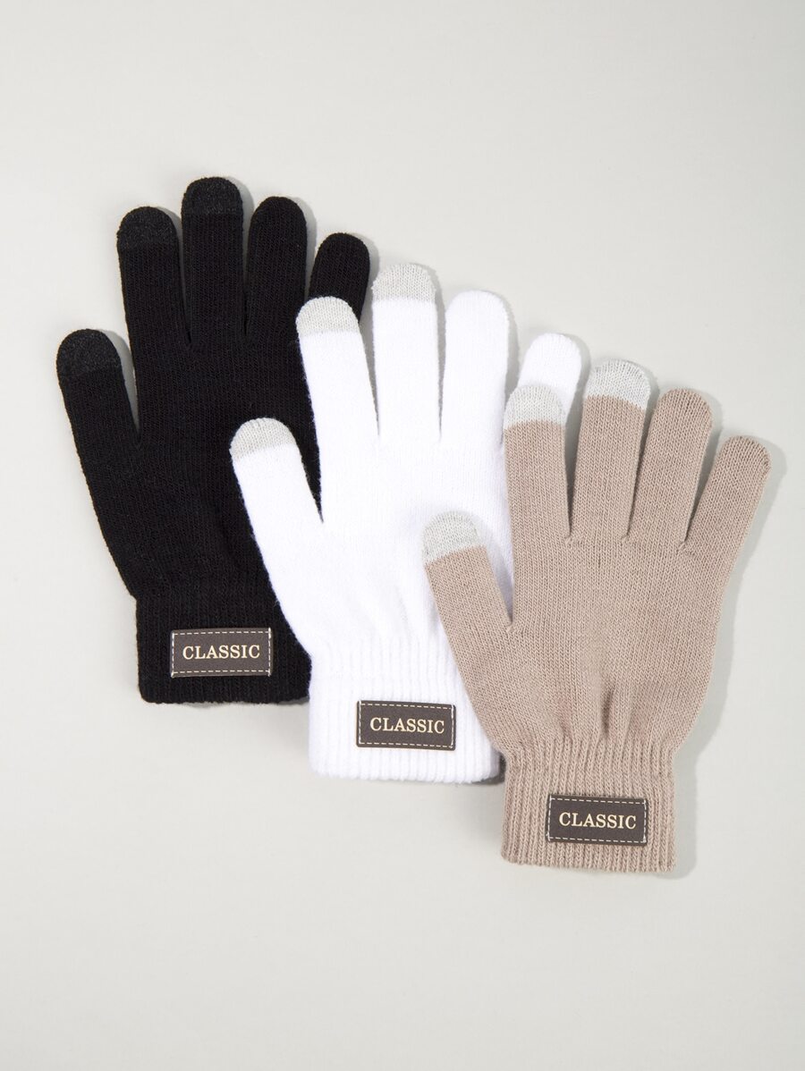 3雙入組經典皮革貼片冬季針織手套,男士用帶有保暖氈布彈性觸屏手套 - 彩色 - 查看 1