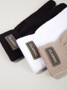 3雙入組經典皮革貼片冬季針織手套,男士用帶有保暖氈布彈性觸屏手套 - 彩色 - 查看 3