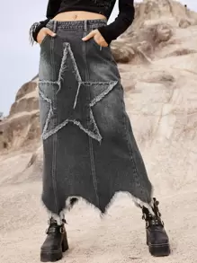 ROMWE Grunge Punk Star Pattern Asymmetrical Raw Hem Denim Skirt - Dark Grey - View 1
