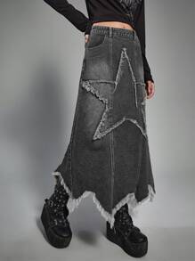 ROMWE Grunge Punk Star Pattern Asymmetrical Raw Hem Denim Skirt - Dark Grey - View 4