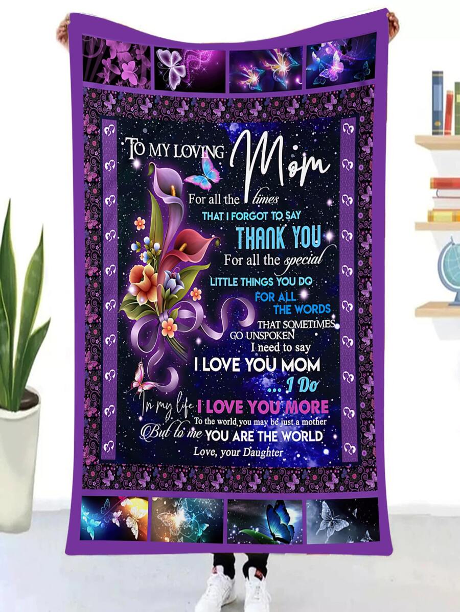 1pc Floral & Slogan Graphic Blanket - Multicolor - View 1