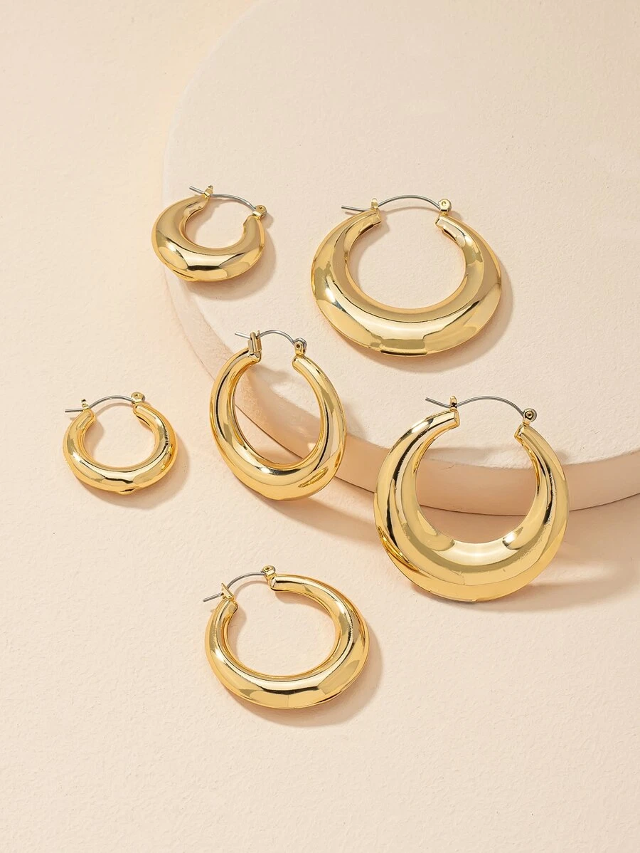 3對極簡風格圓耳環 - 金黃色 - 查看 1