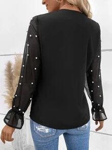 SHEIN Clasi Contrast Mesh Pearls Beaded Flounce Sleeve V Neck Blouse - Black - View 2