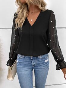 SHEIN Clasi Contrast Mesh Pearls Beaded Flounce Sleeve V Neck Blouse - Black - View 4