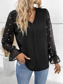 SHEIN Clasi Contrast Mesh Pearls Beaded Flounce Sleeve V Neck Blouse - Black - View 6