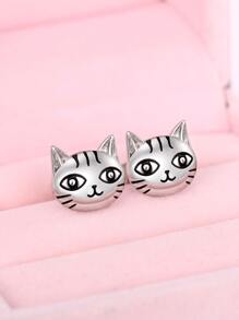 貓頭設計耳釘 - 銀色 - 查看 3