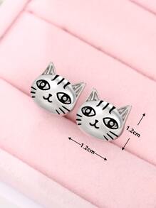 貓頭設計耳釘 - 銀色 - 查看 4