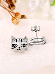 貓頭設計耳釘 - 銀色 - 查看 5