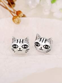 貓頭設計耳釘 - 銀色 - 查看 6