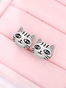 貓頭設計耳釘 - 銀色 - 查看 7
