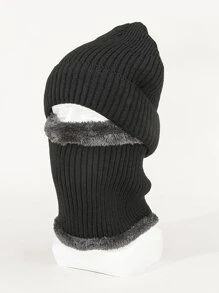 Men Plush Lined Infinity Scarf & Beanie - Black - View 1