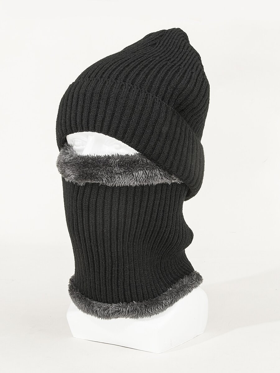Men Plush Lined Infinity Scarf & Beanie - Black - View 1