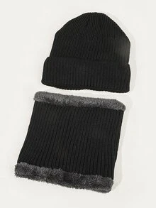 Men Plush Lined Infinity Scarf & Beanie - Black - View 2