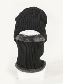 Men Plush Lined Infinity Scarf & Beanie - Black - View 3
