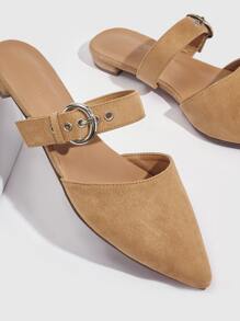 CUCCOO TILAWA Eyelet Detail Buckle Decor Point Toe Faux Suede Flat Mules - Brown - View 4