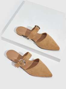 CUCCOO TILAWA Eyelet Detail Buckle Decor Point Toe Faux Suede Flat Mules - Brown - View 6