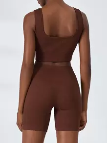 Easithlete 2pcs Seamless High Stretch Running Suit Work Out Set Ribbed Bra Wide Waistband Biker Shorts Workout Set - Brown - View 2