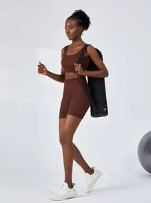 Easithlete 2pcs Seamless High Stretch Running Suit Work Out Set Ribbed Bra Wide Waistband Biker Shorts Workout Set - Brown - View 3