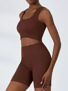 Easithlete 2pcs Seamless High Stretch Running Suit Work Out Set Ribbed Bra Wide Waistband Biker Shorts Workout Set - Brown - View 5