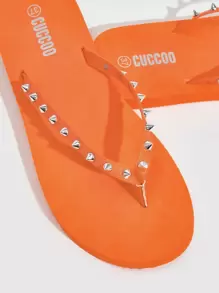 Woman Shoes Leisure Vacation Studded Decor Design Orange Flip Flops For Summer Vacation Shoes Summer Back To School Shoes College Student Shoes Spring Shoes Spring Break Easter For Casual Beach Style