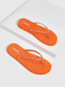 Woman Shoes Leisure Vacation Studded Decor Design Orange Flip Flops For Summer Vacation Shoes Summer Back To School Shoes College Student Shoes Spring Shoes Spring Break Easter For Casual Beach Style