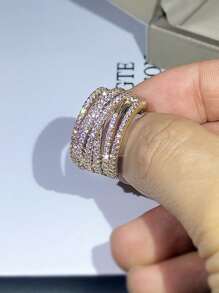 1 pieza anillo de zirconia cúbica a la moda para mujer, regalo de San Valentín, joyería de compromiso de boda - Amarillo Oro - Ver 3