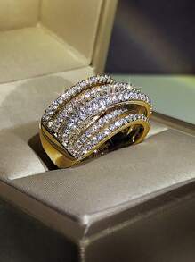 1 pieza anillo de zirconia cúbica a la moda para mujer, regalo de San Valentín, joyería de compromiso de boda - Amarillo Oro - Ver 7