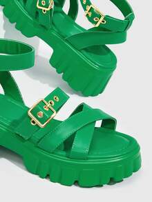 HighSole Women Shoes Eyelet Detail Flatform Ankle Strap Sandals For Spring And Summer - Green - View 5