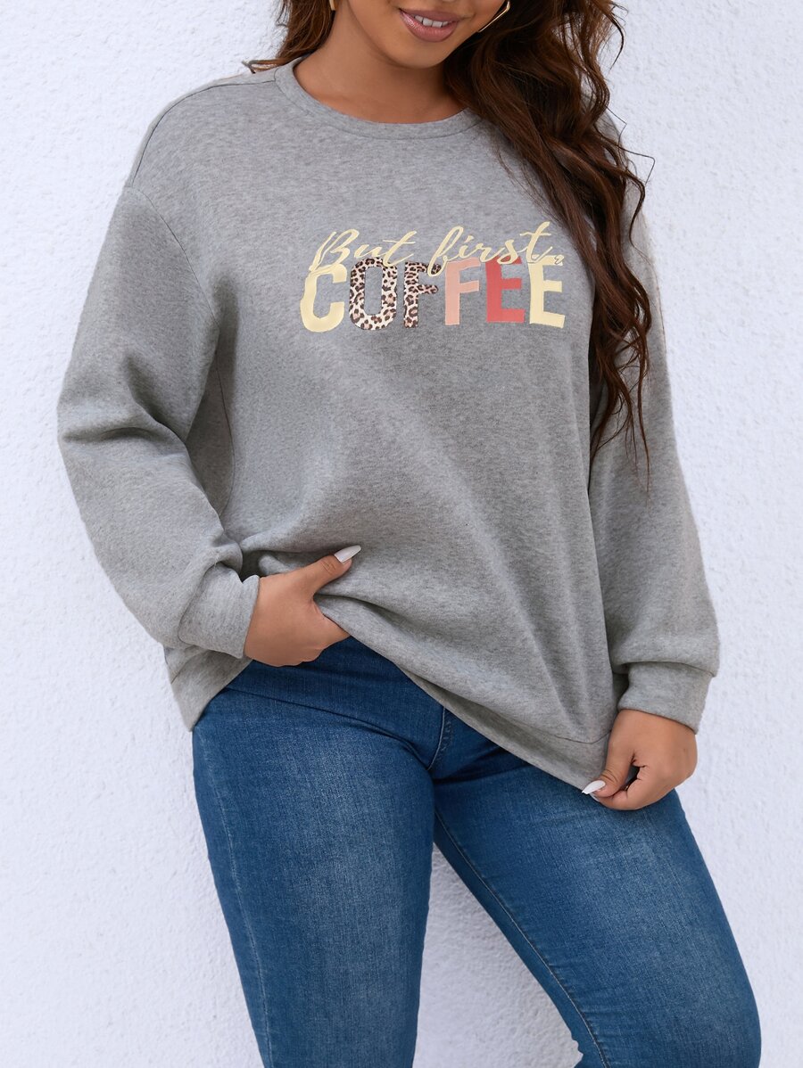 SHEIN LUNE Plus Letter Graphic Drop Shoulder Sweatshirt - Grey - View 1