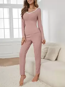 Contrast Lace Lettuce Trim Ruched PJ Set / Pajama Set - Pink - View 3