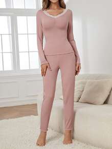 Contrast Lace Lettuce Trim Ruched PJ Set / Pajama Set - Pink - View 5